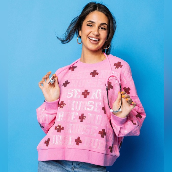 QUEEN OF SPARKLES Pink Sequin NURSE Allover Sweatshirt NWT - Picture 4 of 13